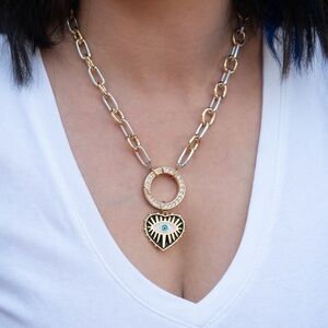 Round carabiner mixed metal black evil eye heart statement necklace - 18”